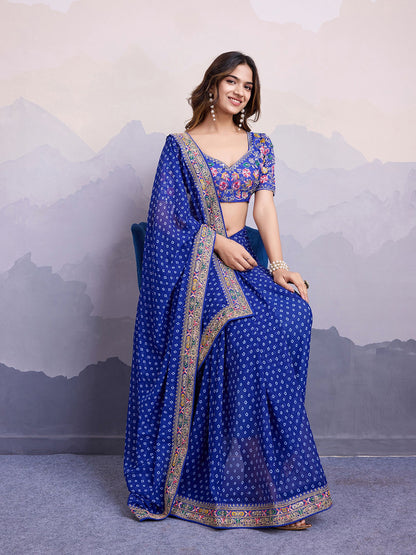 Blue Georgette Bandhani Printed Saree: Embroidery Lace Border, Art Silk Blouse