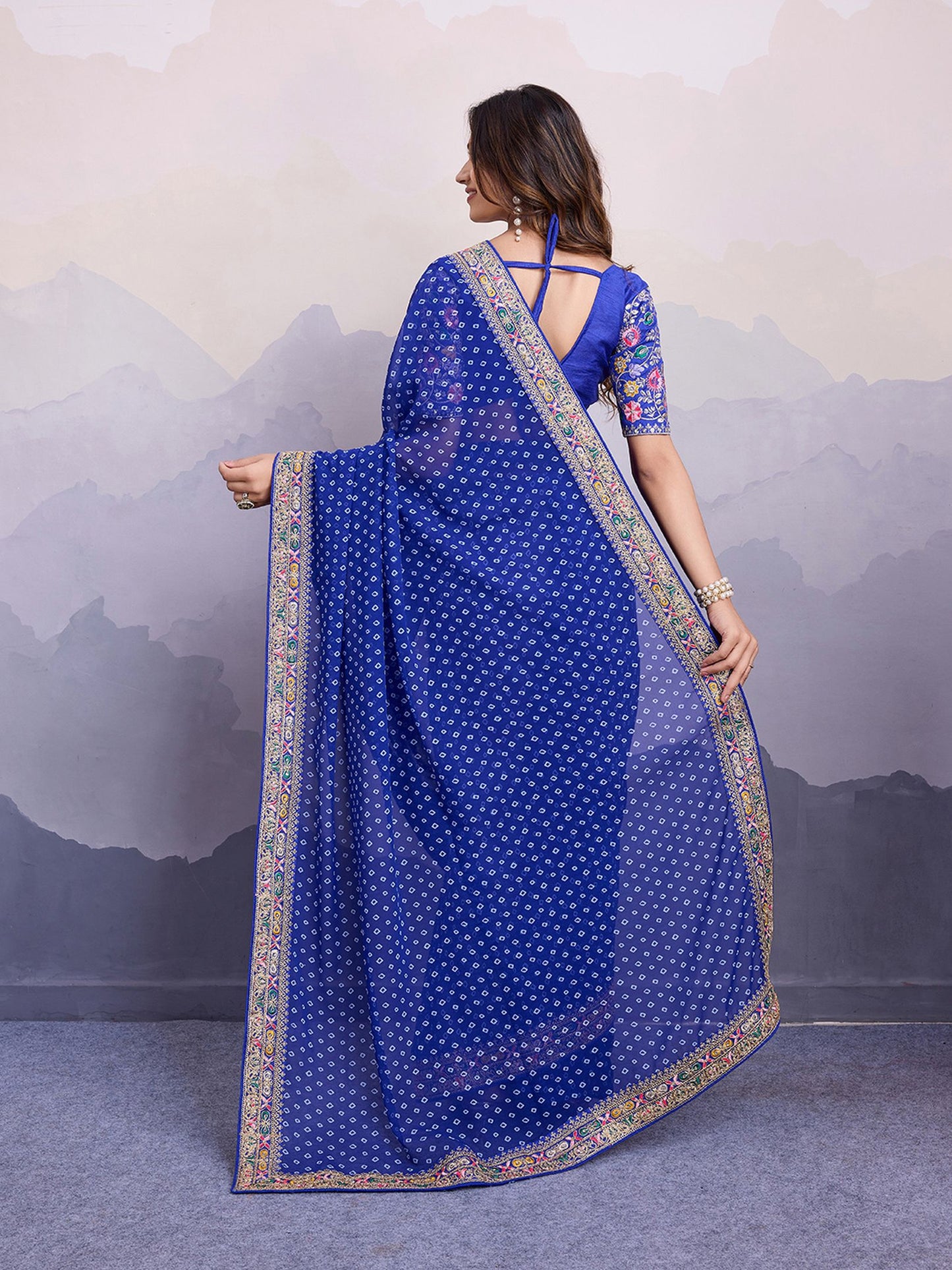 Blue Georgette Bandhani Printed Saree: Embroidery Lace Border, Art Silk Blouse