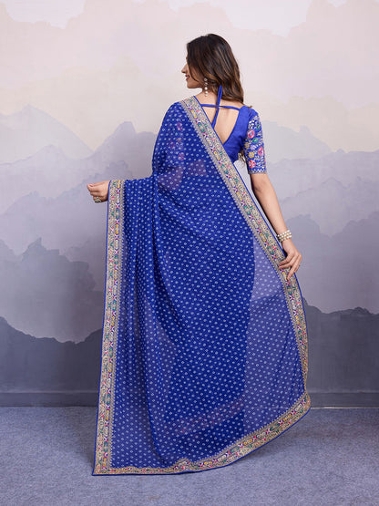 Blue Georgette Bandhani Printed Saree: Embroidery Lace Border, Art Silk Blouse