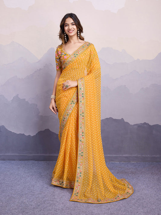 Yellow Georgette Bandhani Printed Saree: Embroidery Lace Border, Art Silk Blouse