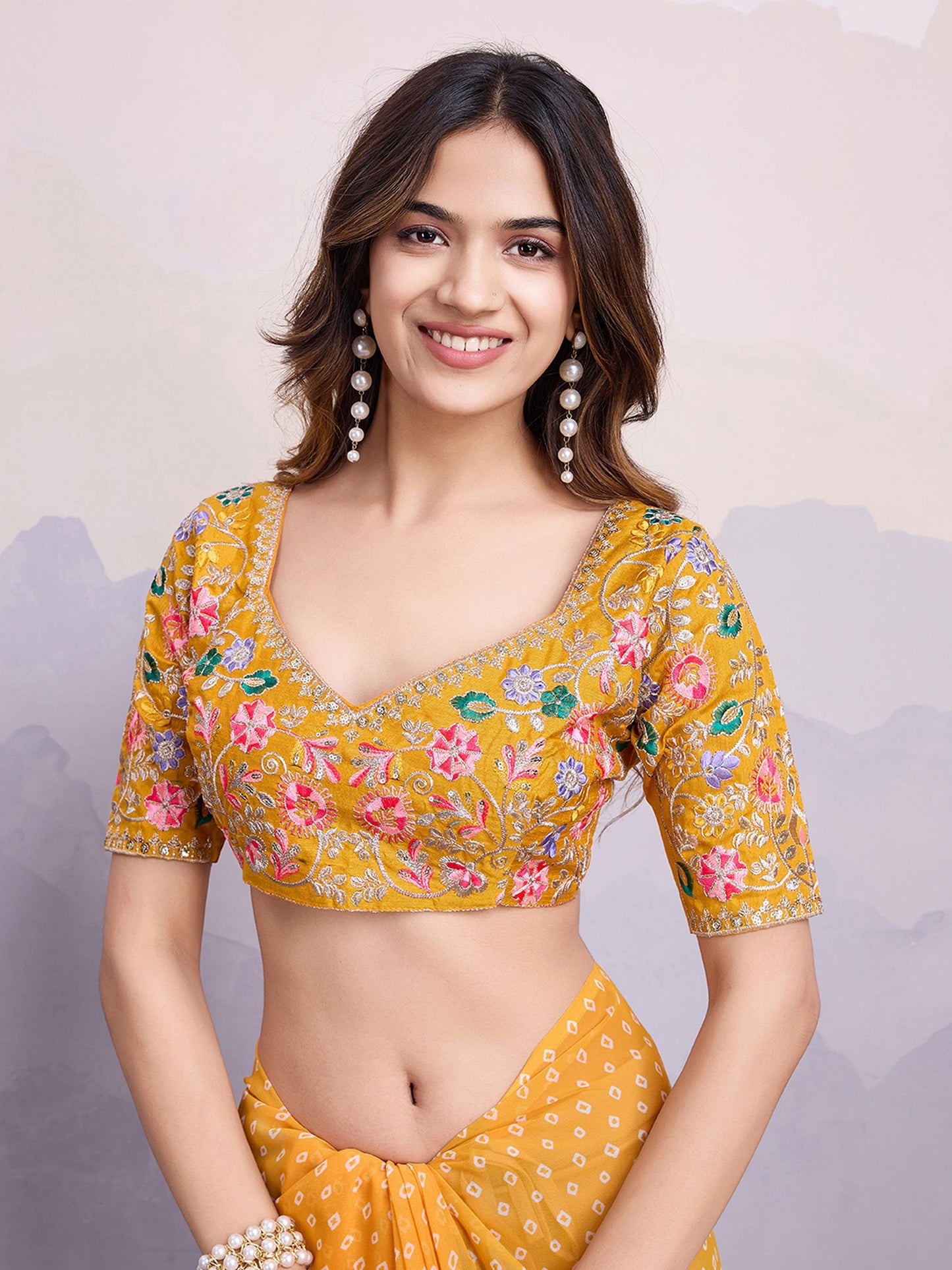 Yellow Georgette Bandhani Printed Saree: Embroidery Lace Border, Art Silk Blouse