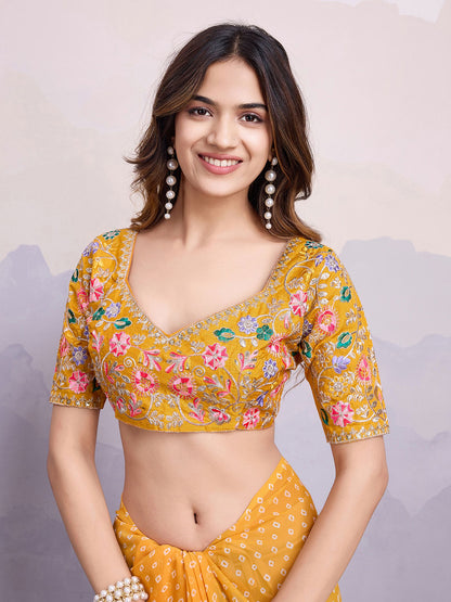 Yellow Georgette Bandhani Printed Saree: Embroidery Lace Border, Art Silk Blouse