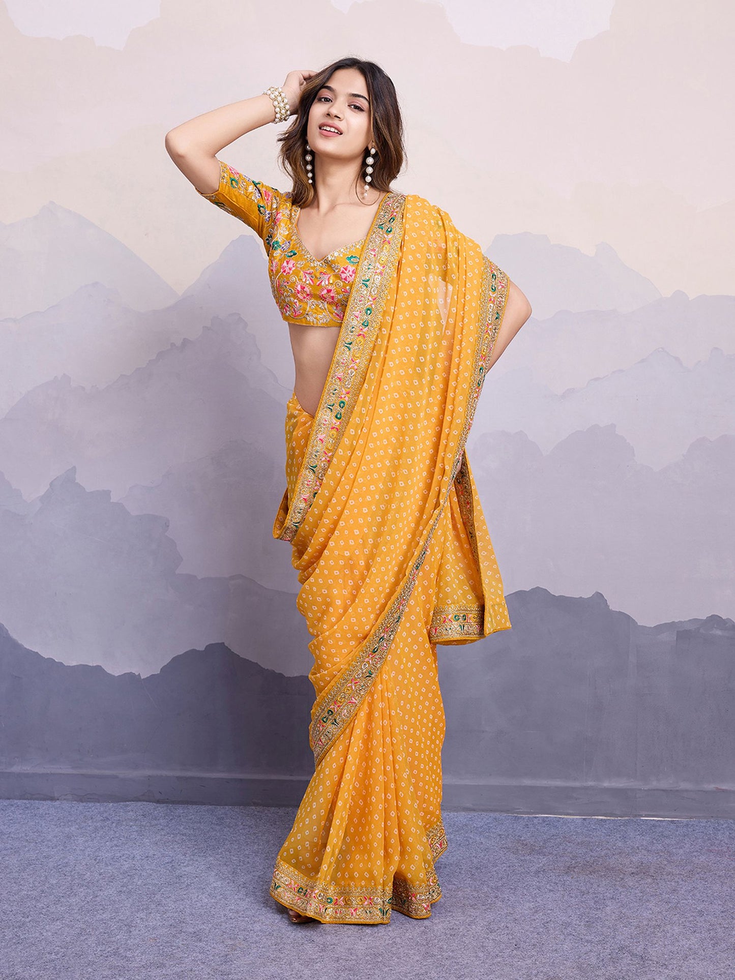 Yellow Georgette Bandhani Printed Saree: Embroidery Lace Border, Art Silk Blouse