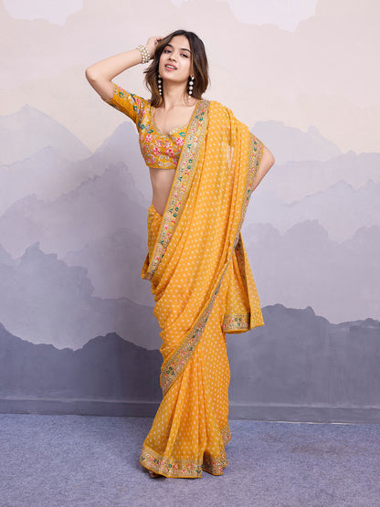 Yellow Georgette Bandhani Printed Saree: Embroidery Lace Border, Art Silk Blouse
