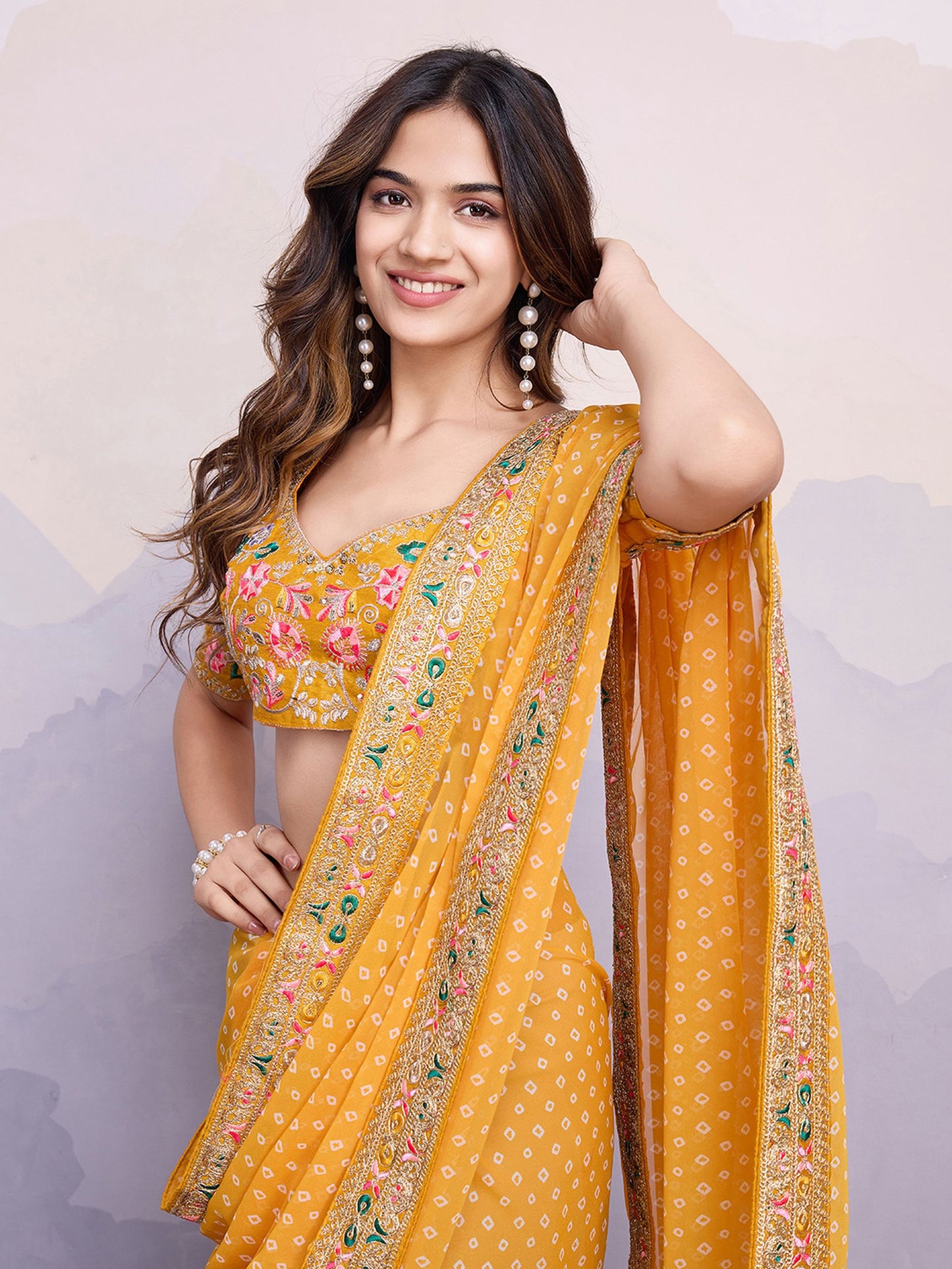 Yellow Georgette Bandhani Printed Saree: Embroidery Lace Border, Art Silk Blouse