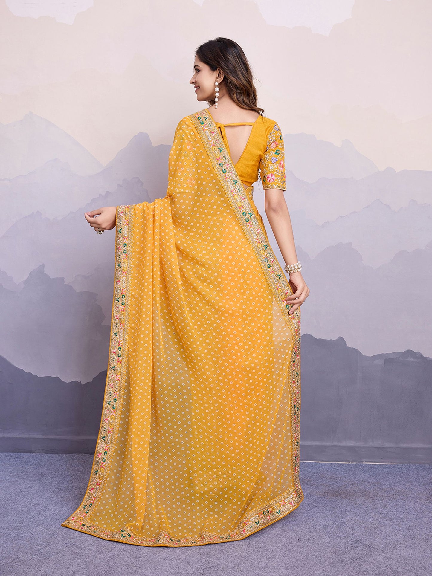 Yellow Georgette Bandhani Printed Saree: Embroidery Lace Border, Art Silk Blouse