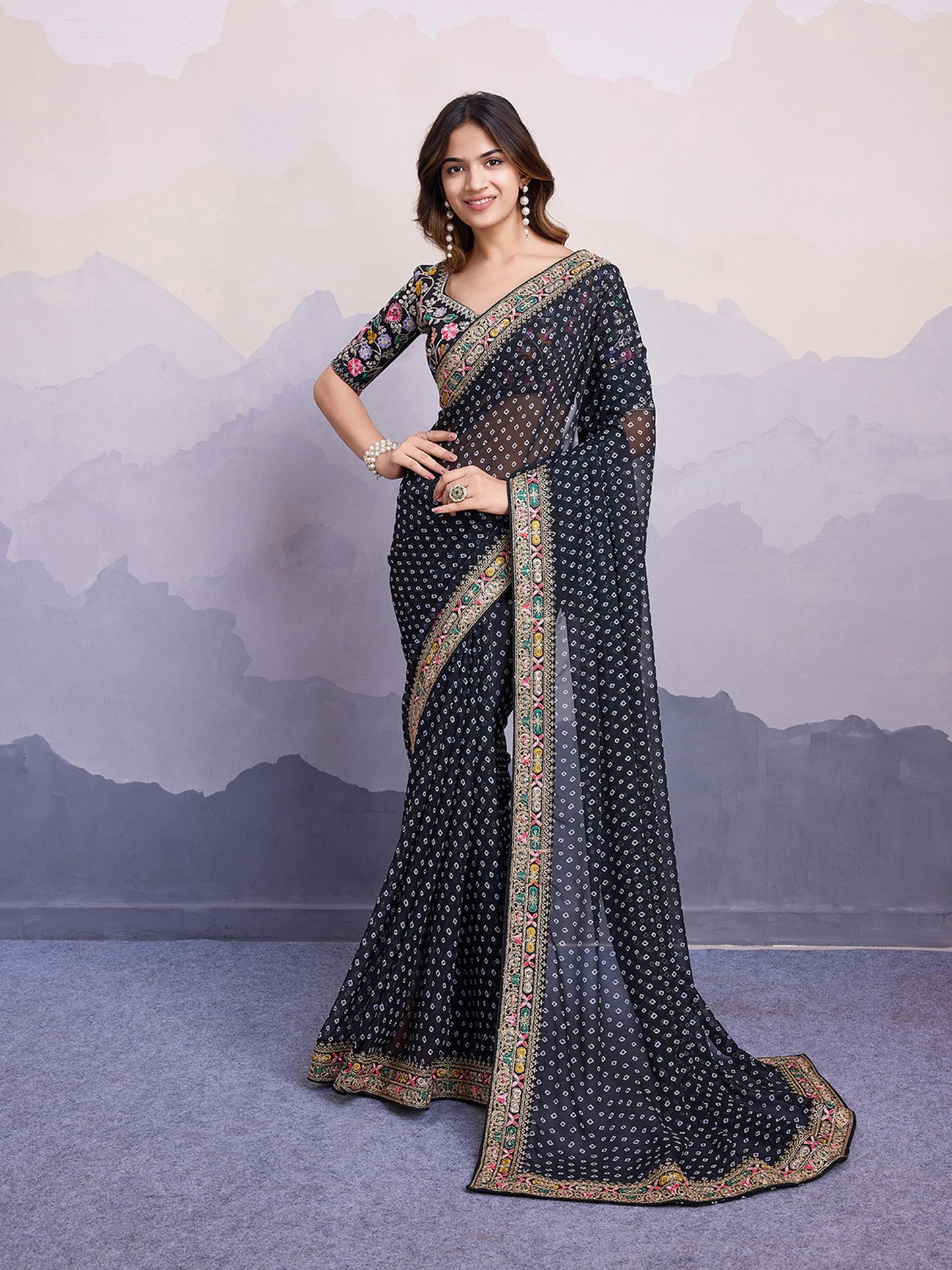 Black Georgette Bandhani Printed Saree: Embroidery Lace Border, Art Silk Blouse