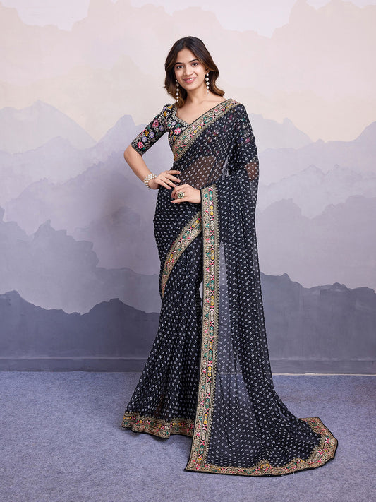 Black Georgette Bandhani Printed Saree: Embroidery Lace Border, Art Silk Blouse