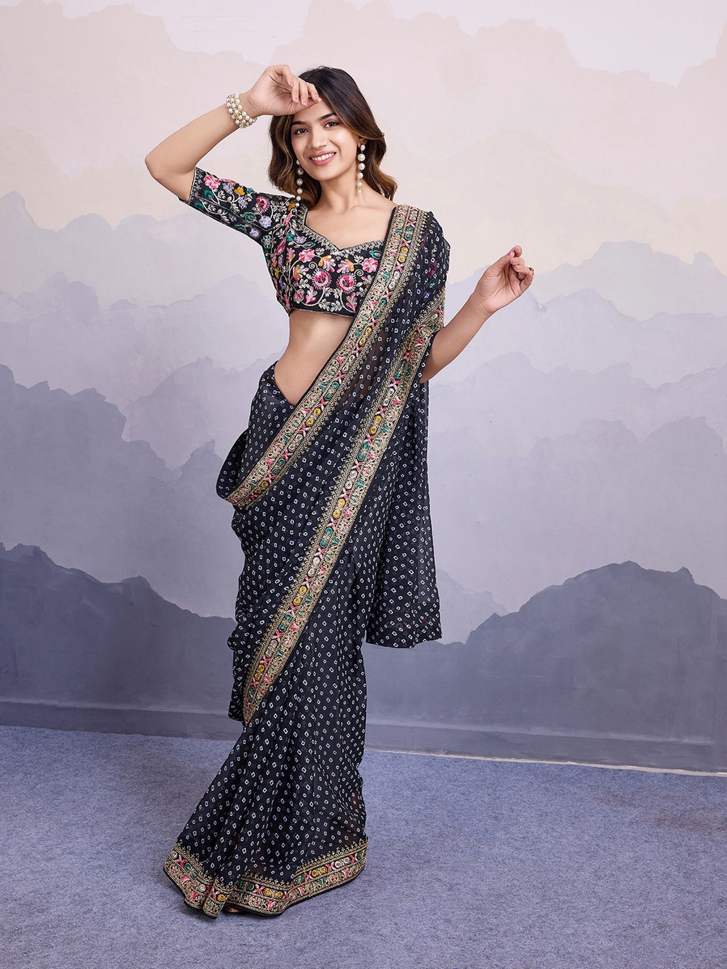 Black Georgette Bandhani Printed Saree: Embroidery Lace Border, Art Silk Blouse