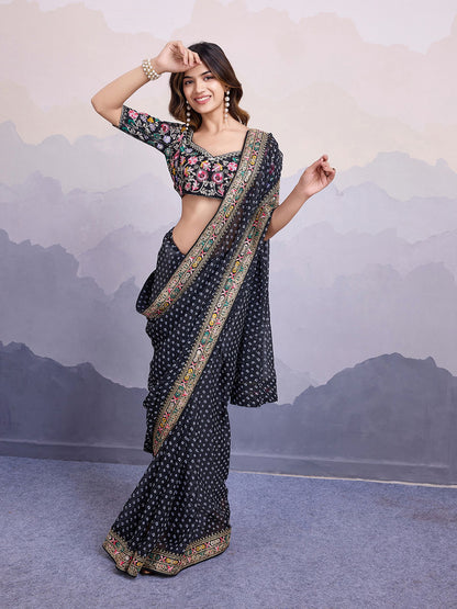 Black Georgette Bandhani Printed Saree: Embroidery Lace Border, Art Silk Blouse