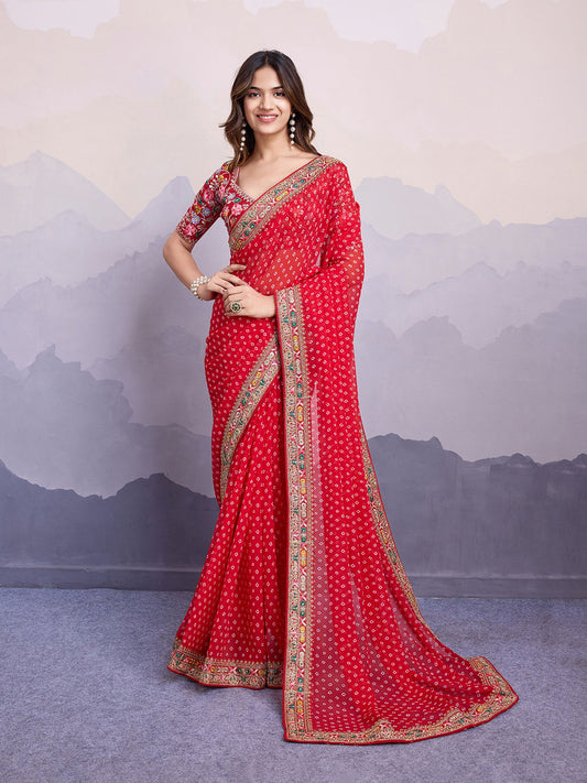 Red Georgette Bandhani Printed Saree: Embroidery Lace Border, Art Silk Blouse