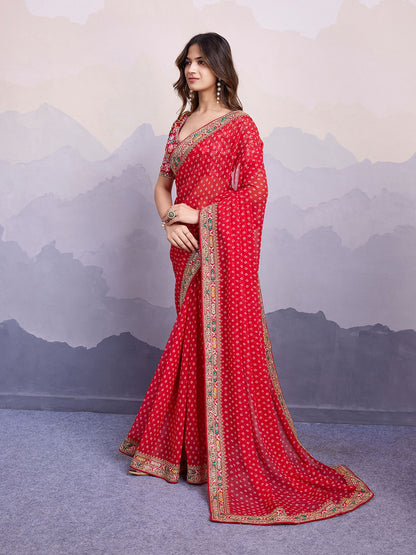 Red Georgette Bandhani Printed Saree: Embroidery Lace Border, Art Silk Blouse