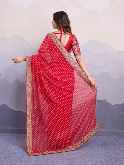 Red Georgette Bandhani Printed Saree: Embroidery Lace Border, Art Silk Blouse