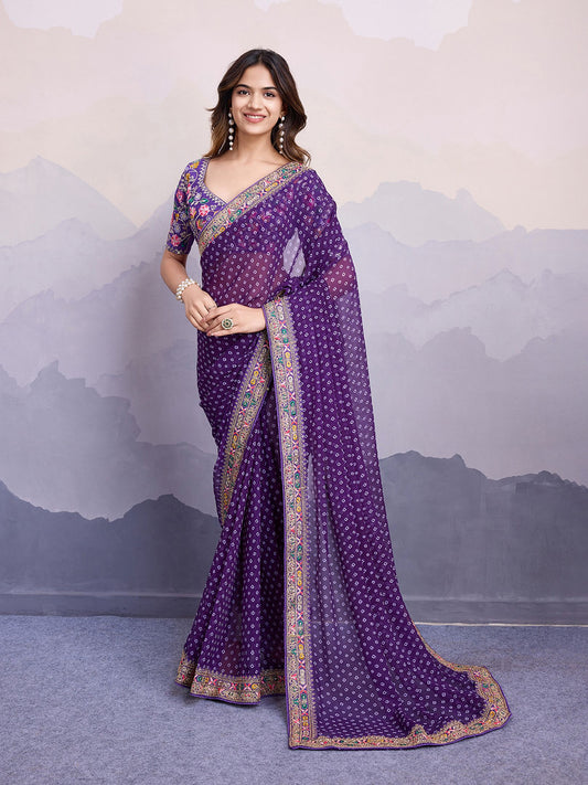 Purple Georgette Bandhani Printed Saree: Embroidery Lace Border, Art Silk Blouse