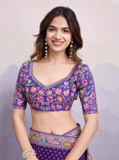 Purple Georgette Bandhani Printed Saree: Embroidery Lace Border, Art Silk Blouse