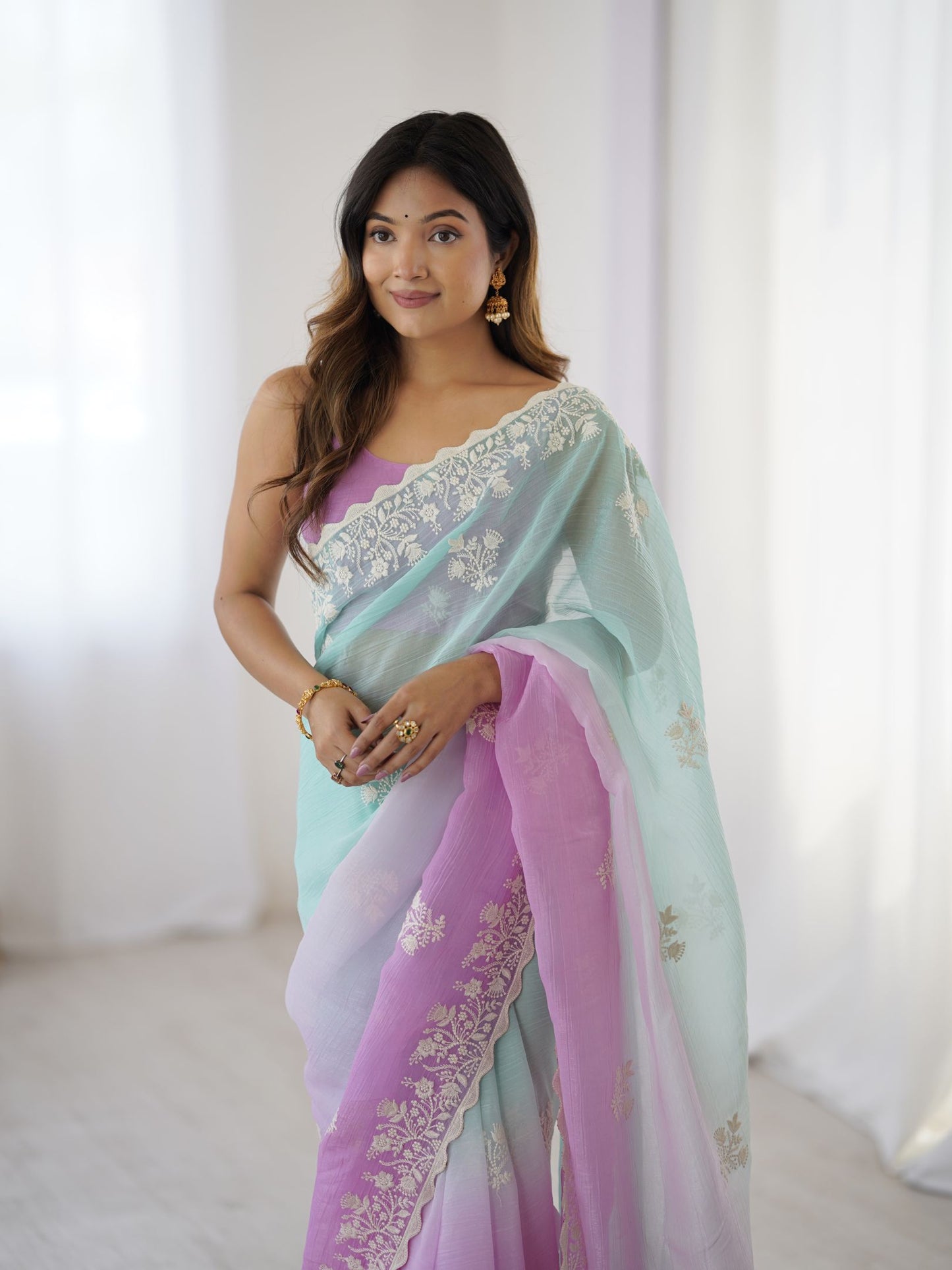 Purple Crunchy Silk Party Wear Saree