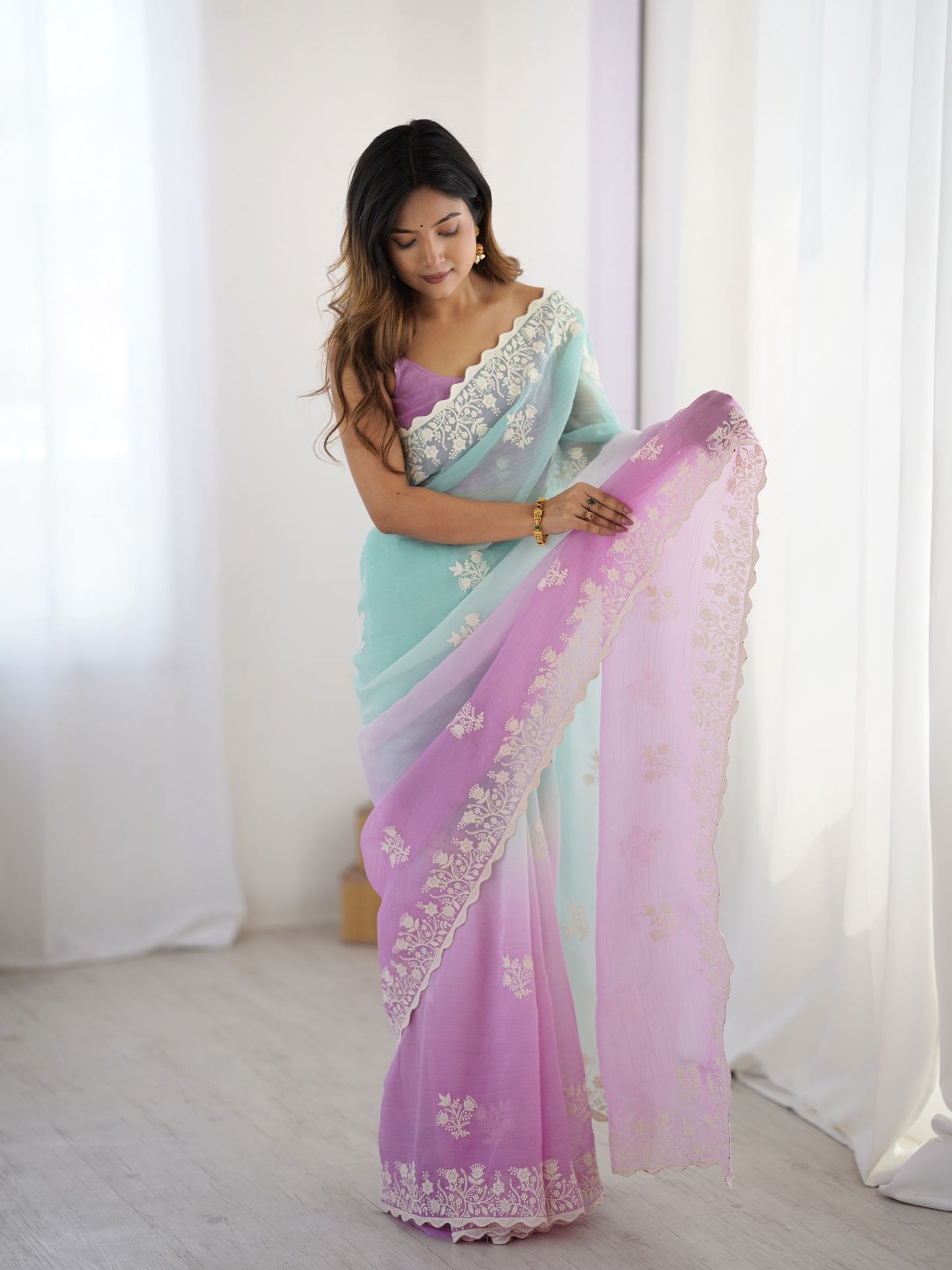 Purple Crunchy Silk Party Wear Saree
