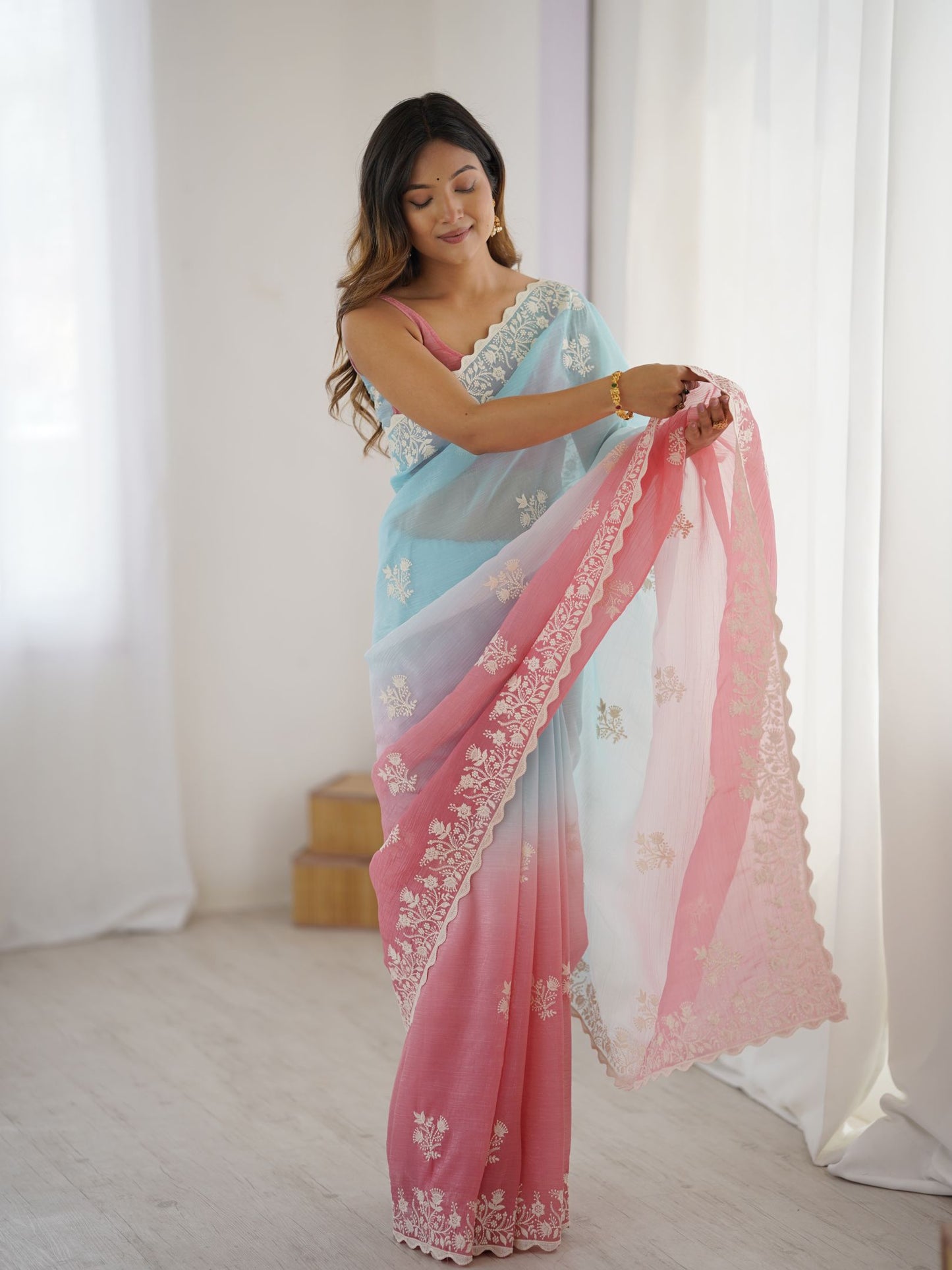 Rust Crunchy Silk Party Wear Saree