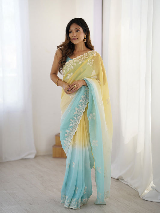 Yellow Crunchy Silk Party Wear Saree with Sea Green Blouse