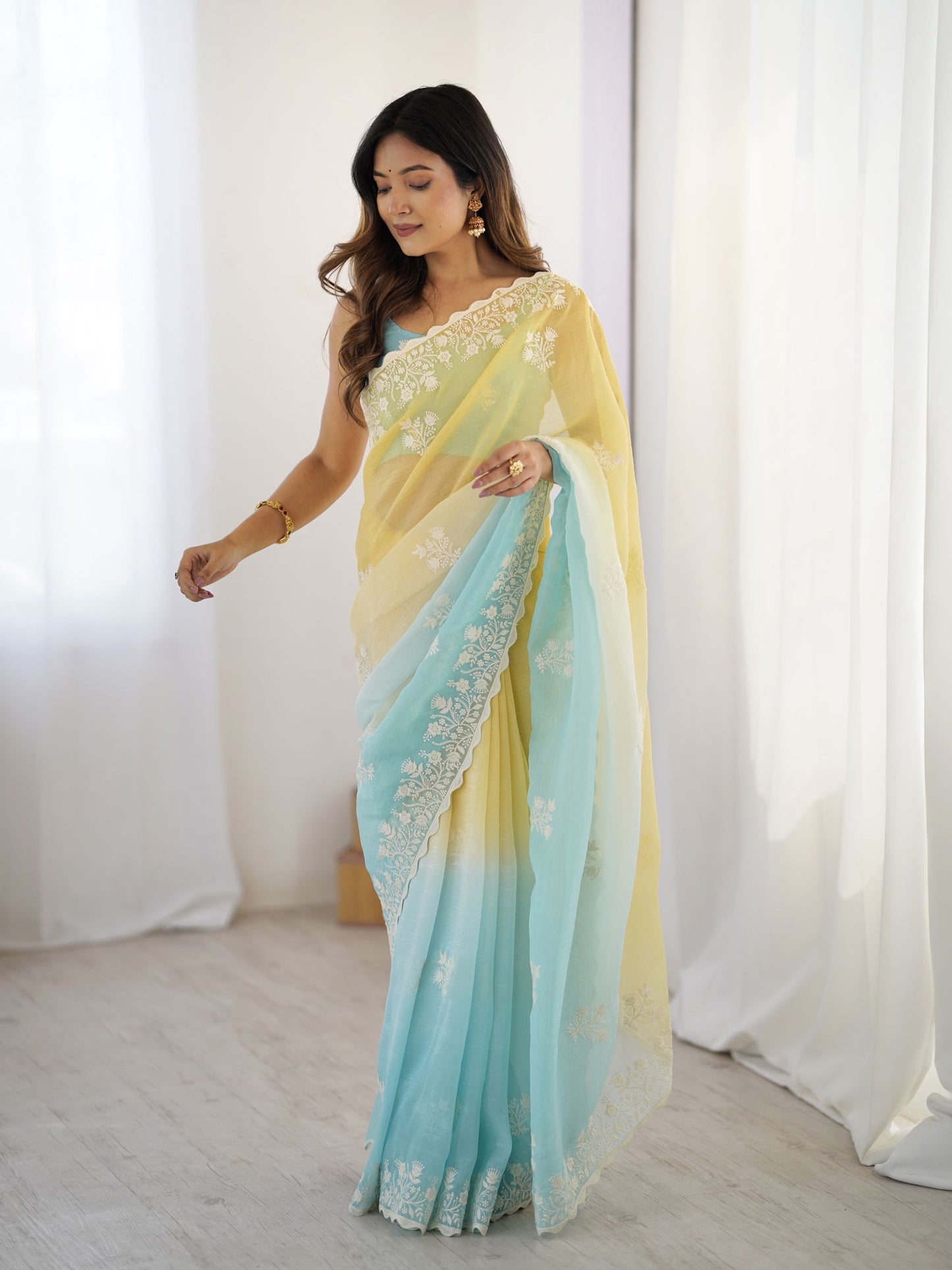 Yellow Crunchy Silk Party Wear Saree with Sea Green Blouse