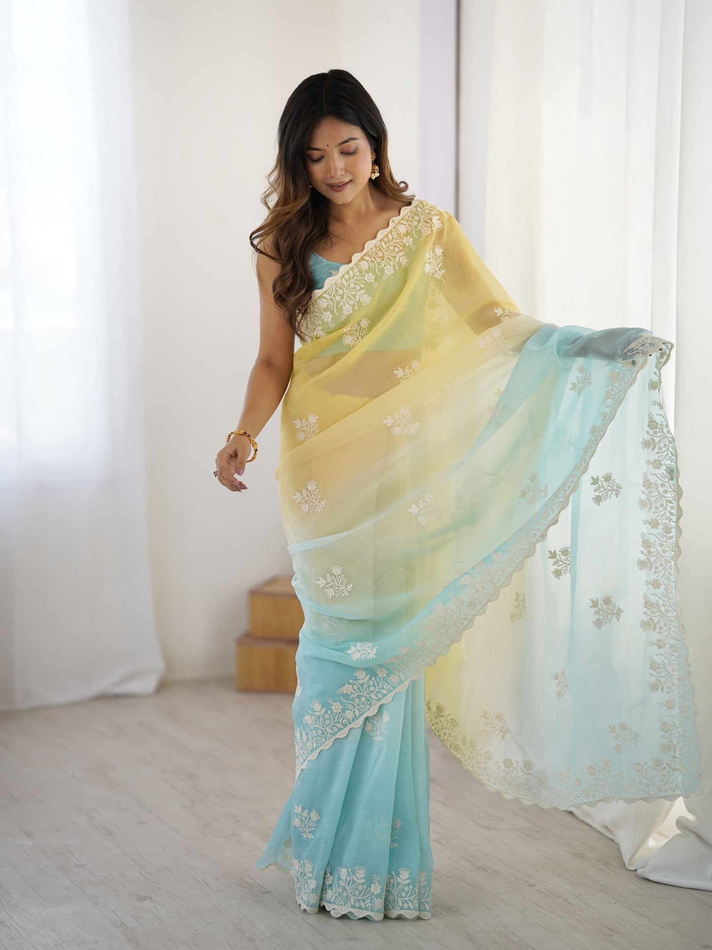 Yellow Crunchy Silk Party Wear Saree with Sea Green Blouse