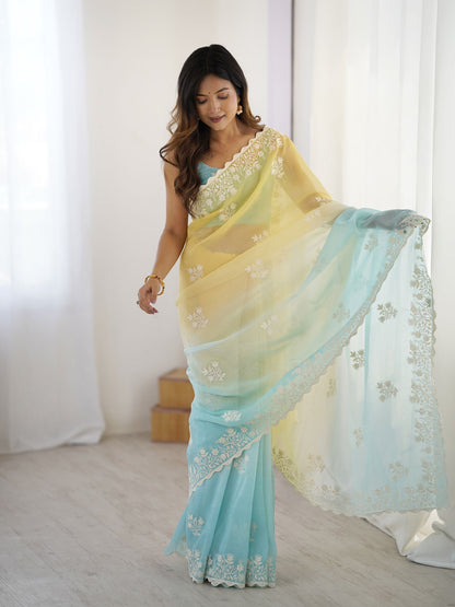Yellow Crunchy Silk Party Wear Saree with Sea Green Blouse