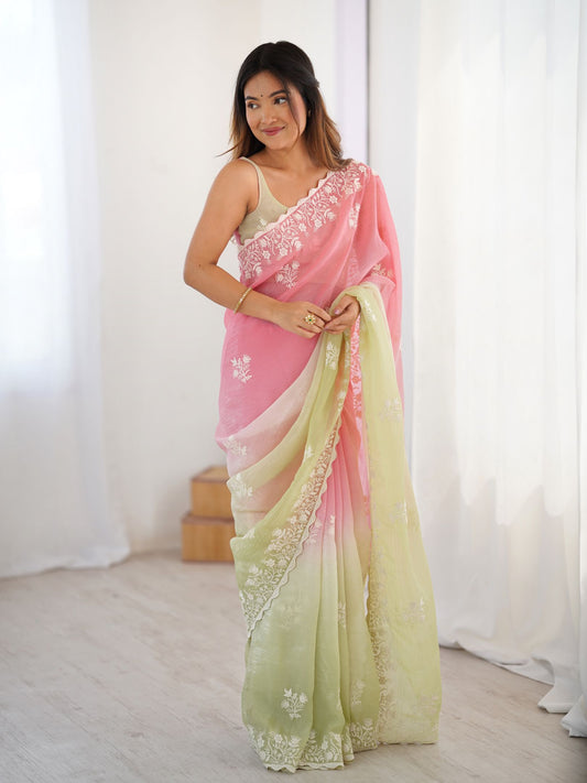 Pink Crunchy Silk Party Wear Saree with Brown Blouse