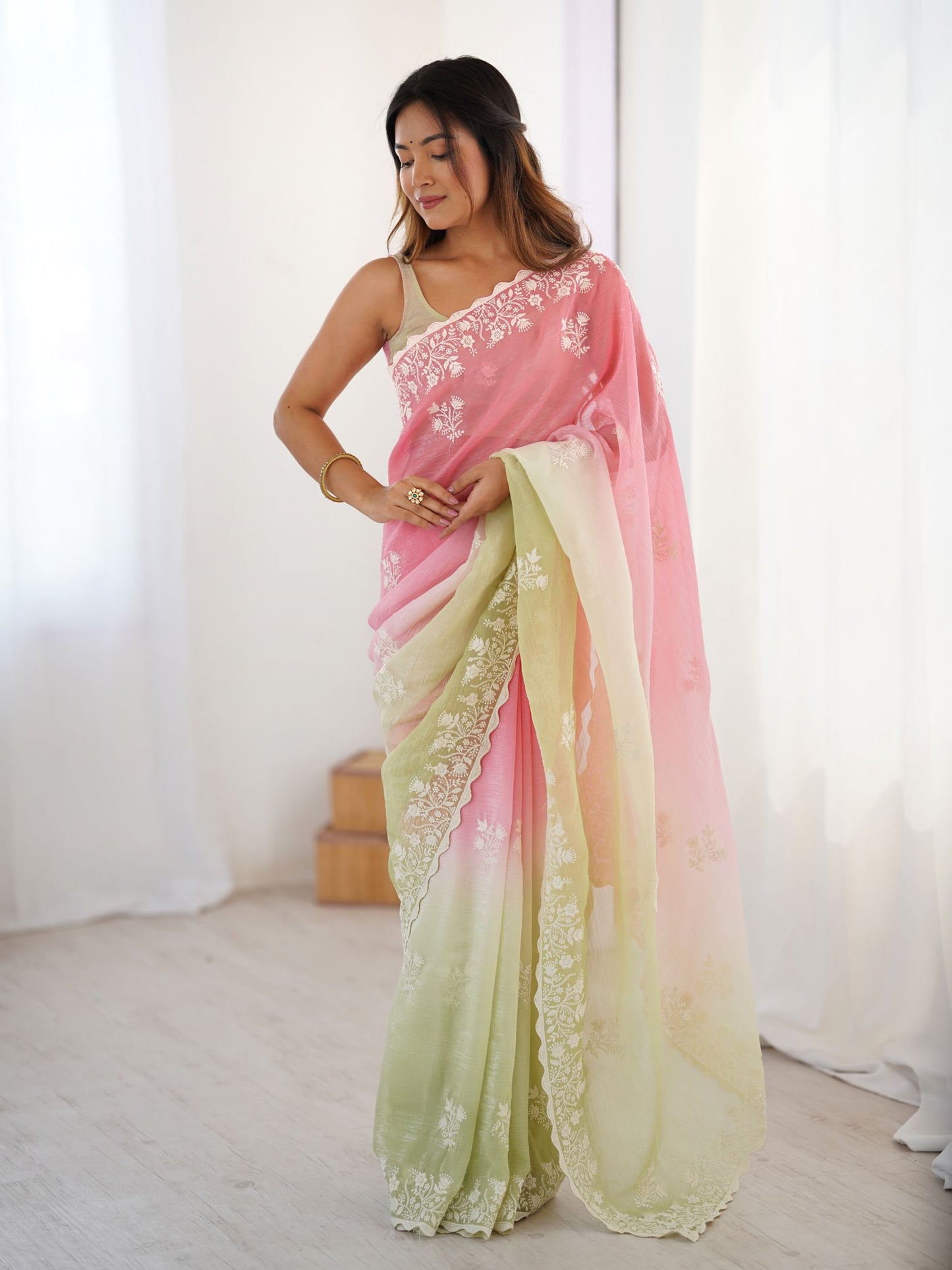 Pink Crunchy Silk Party Wear Saree with Brown Blouse