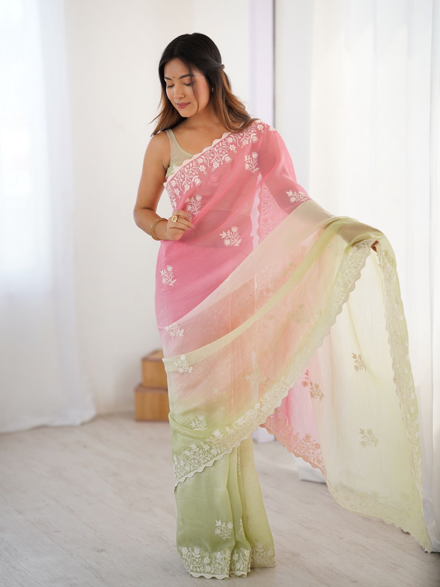 Pink Crunchy Silk Party Wear Saree with Brown Blouse