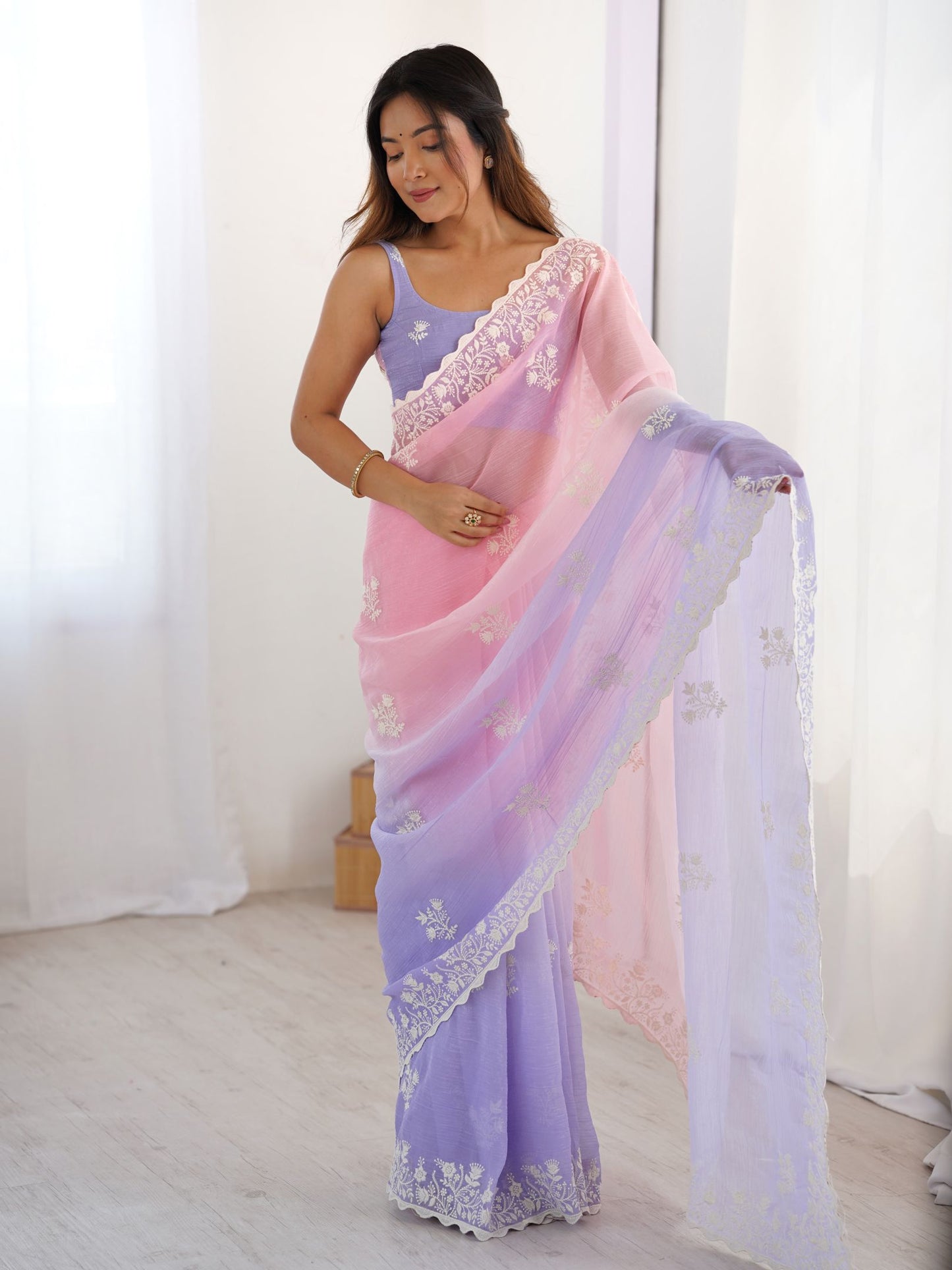 Pink Crunchy Silk Party Wear Saree with Lavender Blouse
