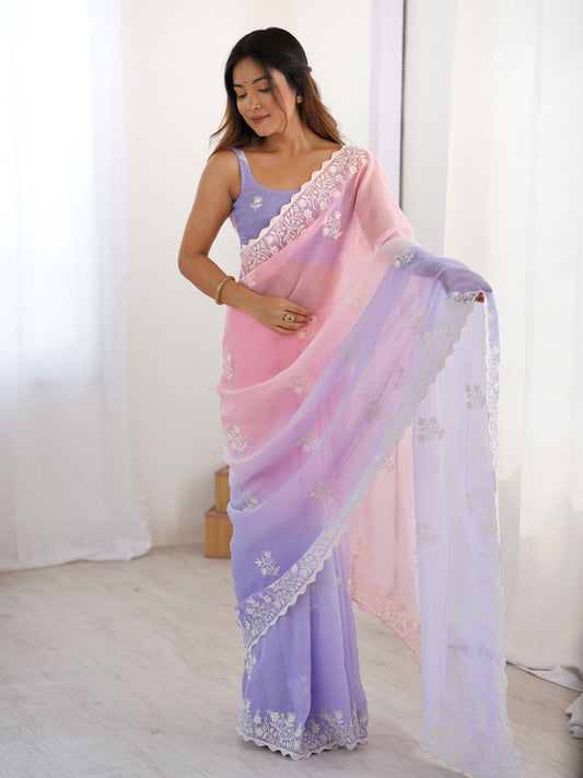 Pink Crunchy Silk Party Wear Saree with Lavender Blouse