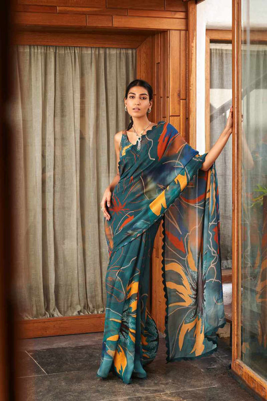 Green Bright Moss Digital Printed Party Wear Saree