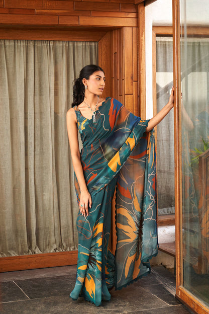 Green Bright Moss Digital Printed Party Wear Saree