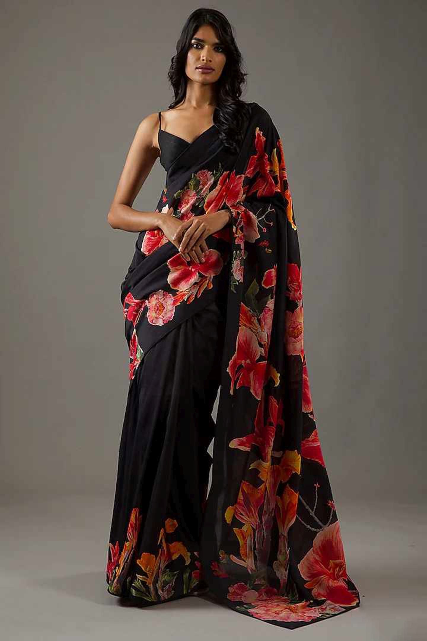 Black Bright Moss Digital Printed Party Wear Saree