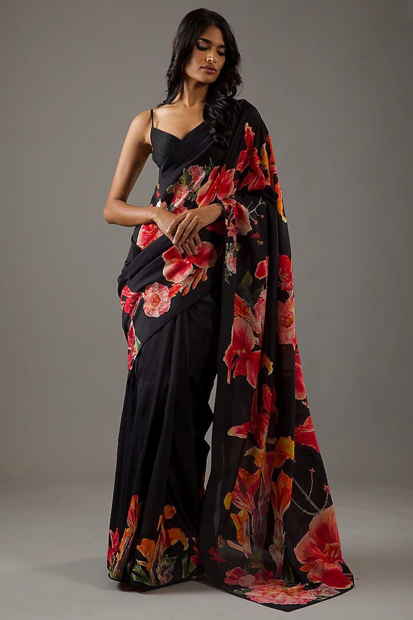 Black Bright Moss Digital Printed Party Wear Saree