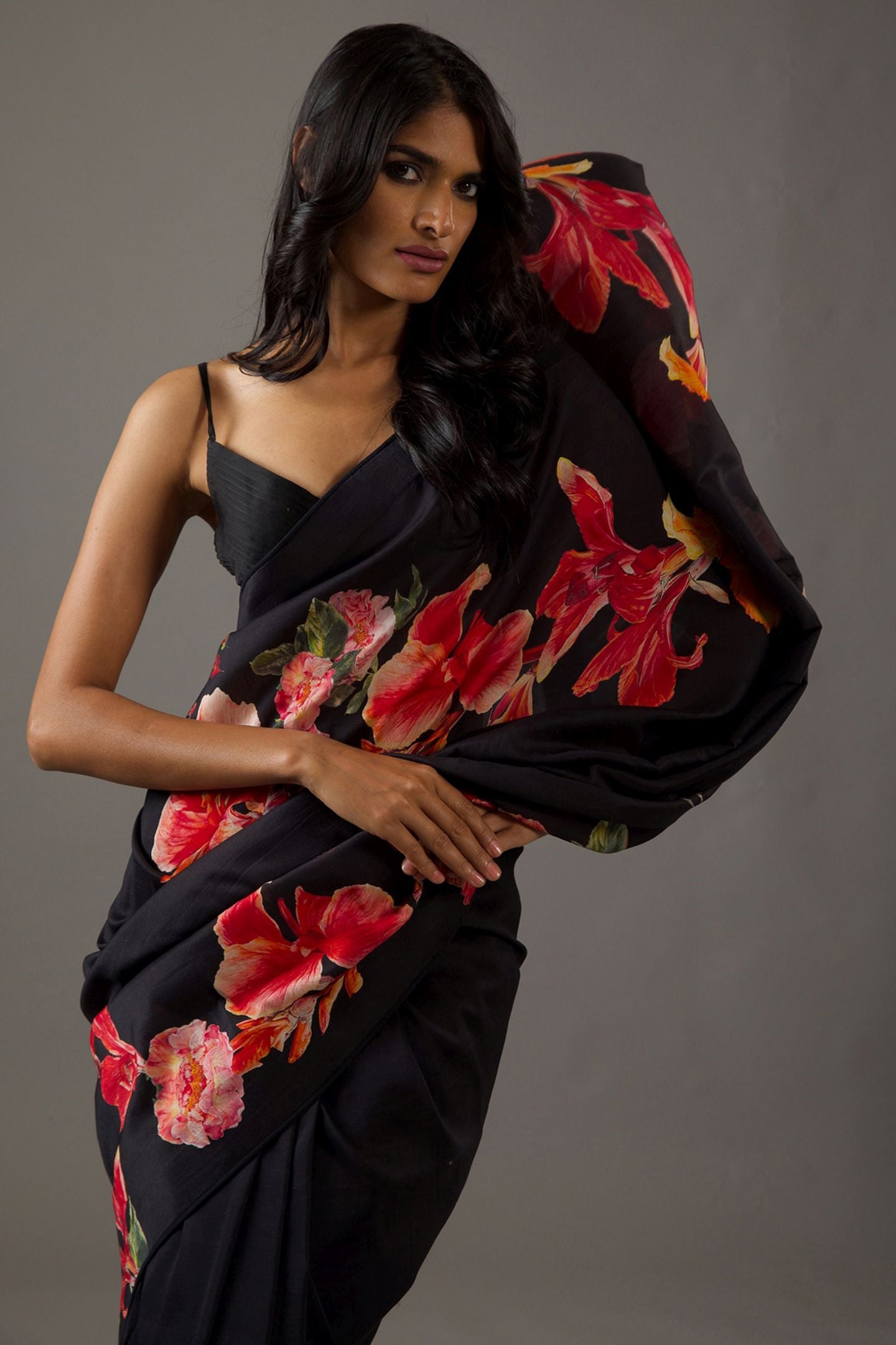Black Bright Moss Digital Printed Party Wear Saree