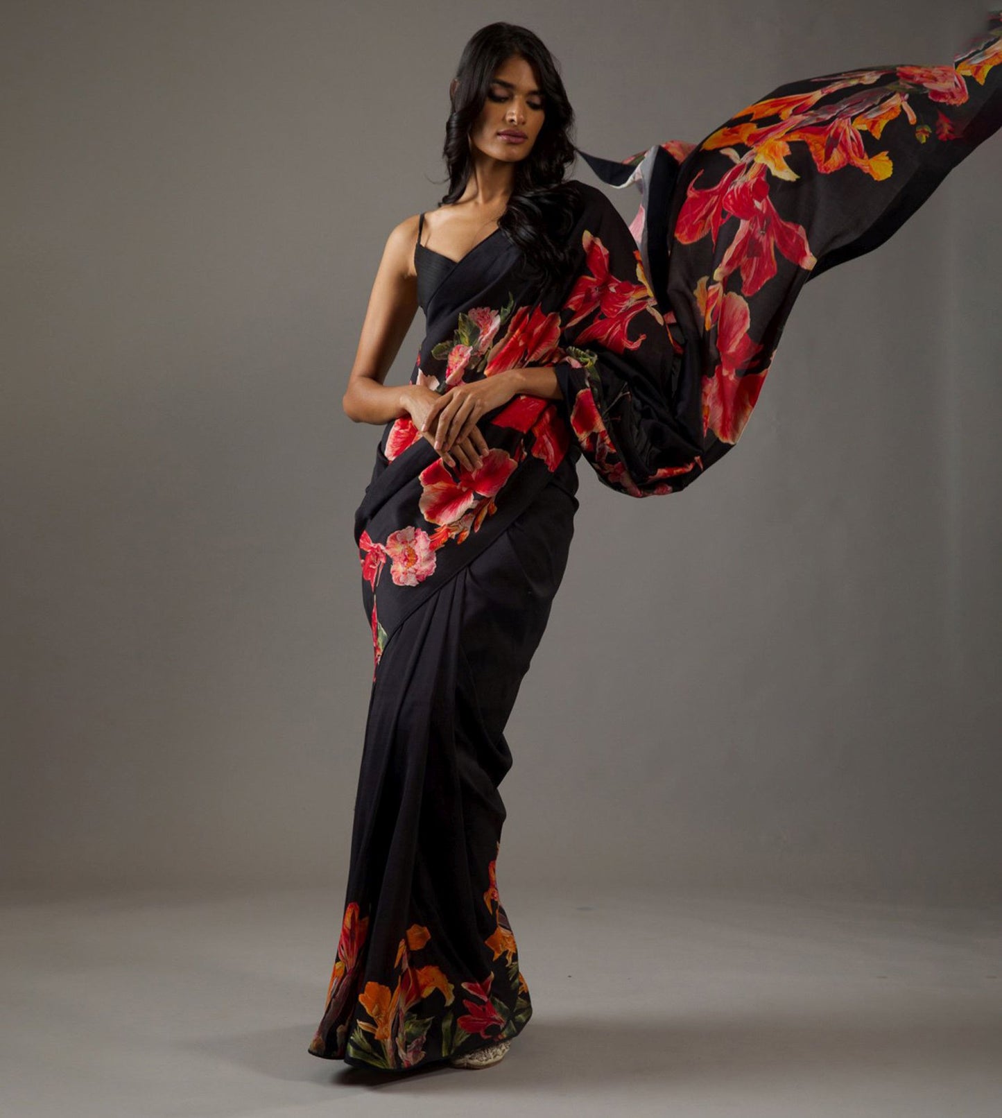 Black Bright Moss Digital Printed Party Wear Saree