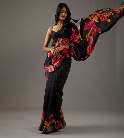 Black Bright Moss Digital Printed Party Wear Saree