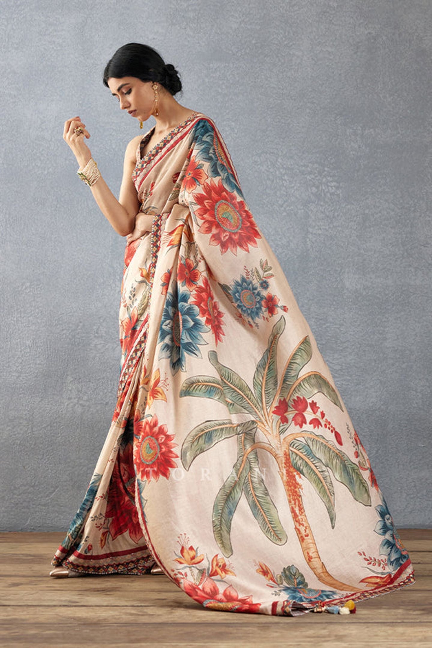 Beige Bright Moss Digital Printed Party Wear Saree