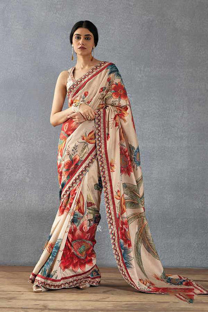 Beige Bright Moss Digital Printed Party Wear Saree