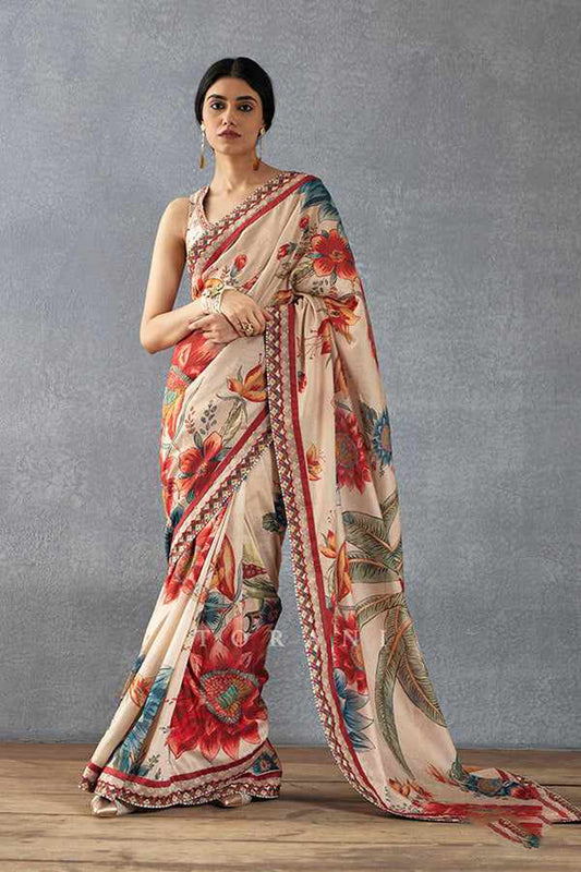 Beige Bright Moss Digital Printed Party Wear Saree