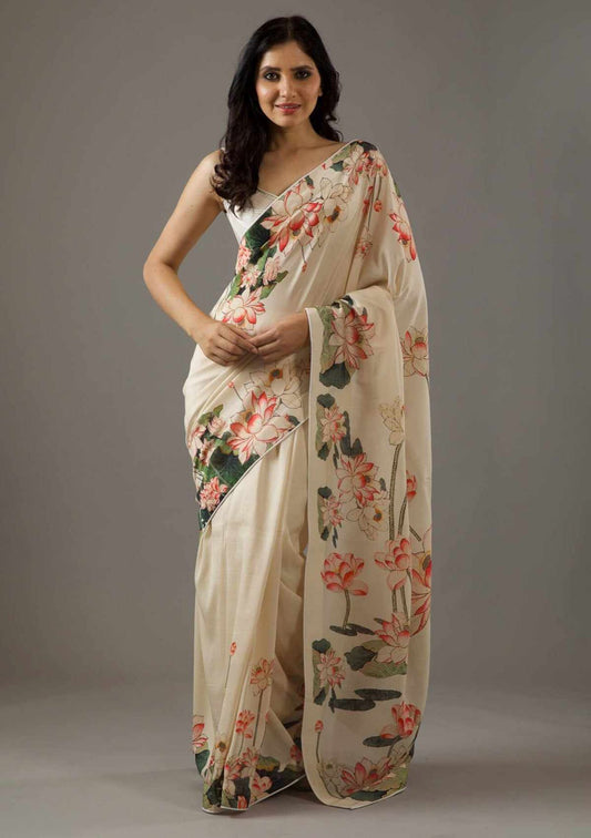 Cream Bright Moss Digital Printed Party Wear Saree