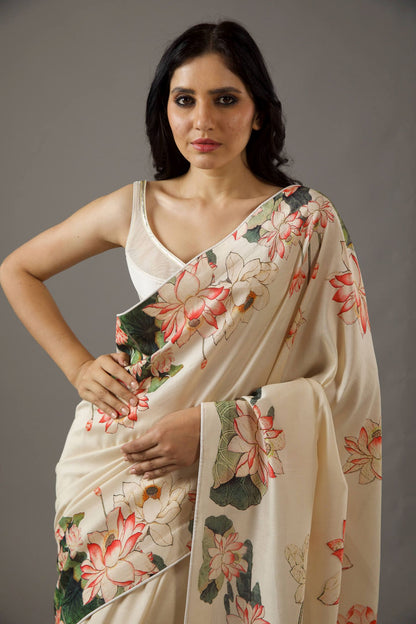 Cream Bright Moss Digital Printed Party Wear Saree
