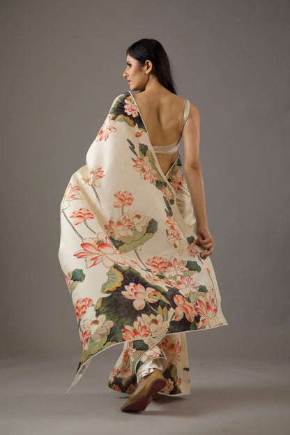 Cream Bright Moss Digital Printed Party Wear Saree