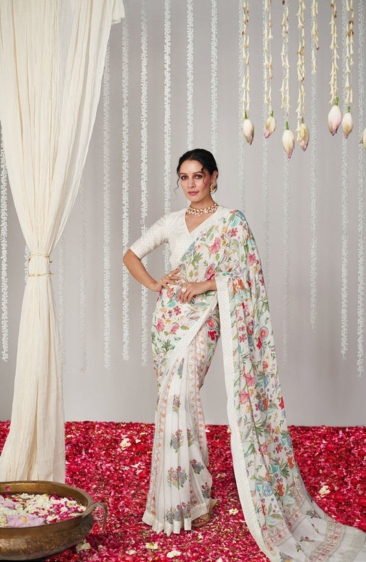 Off White Bright Moss Digital Printed Party Wear Saree