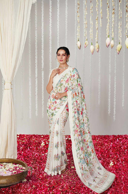 Off White Bright Moss Digital Printed Party Wear Saree