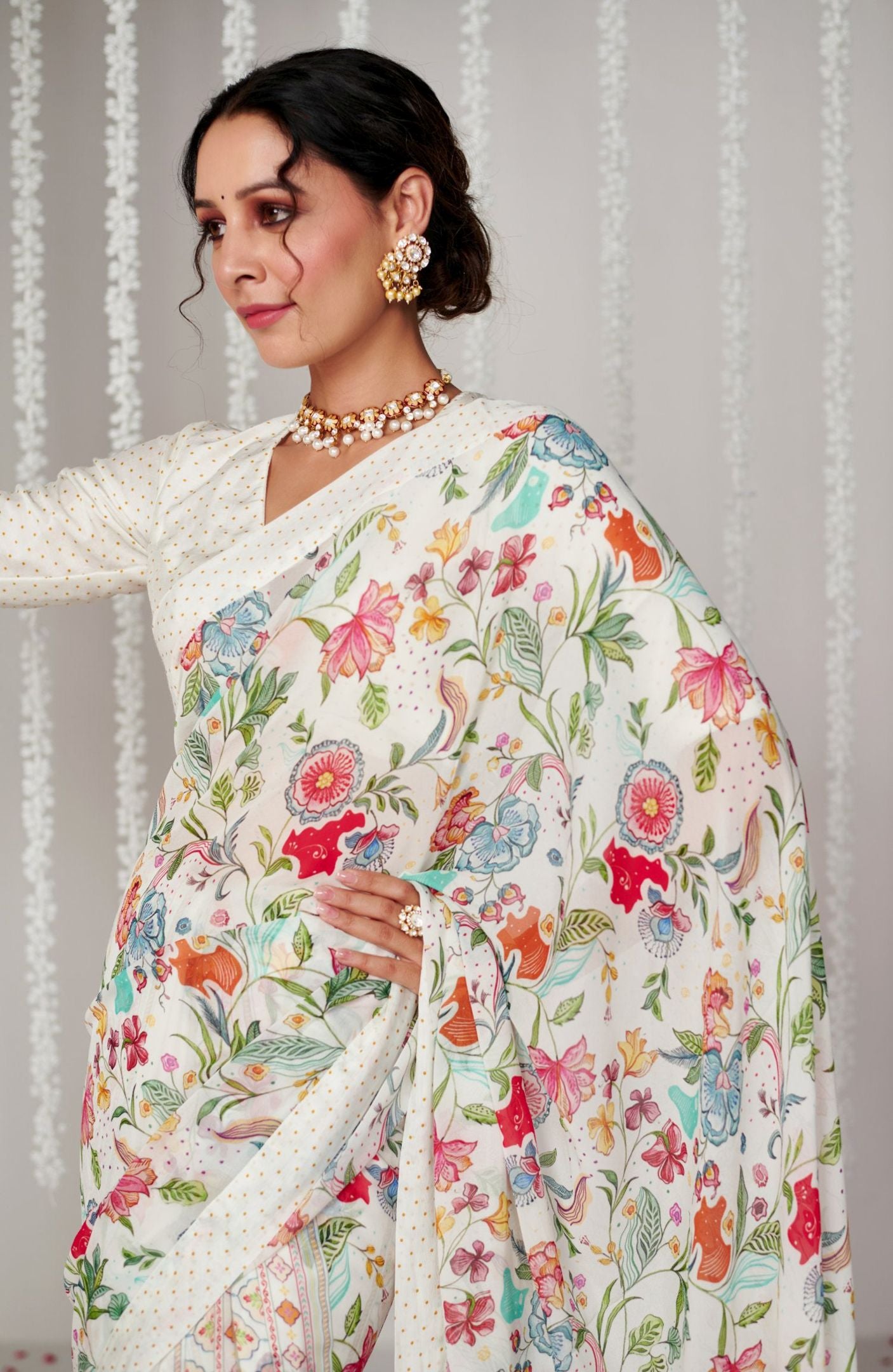 Off White Bright Moss Digital Printed Party Wear Saree