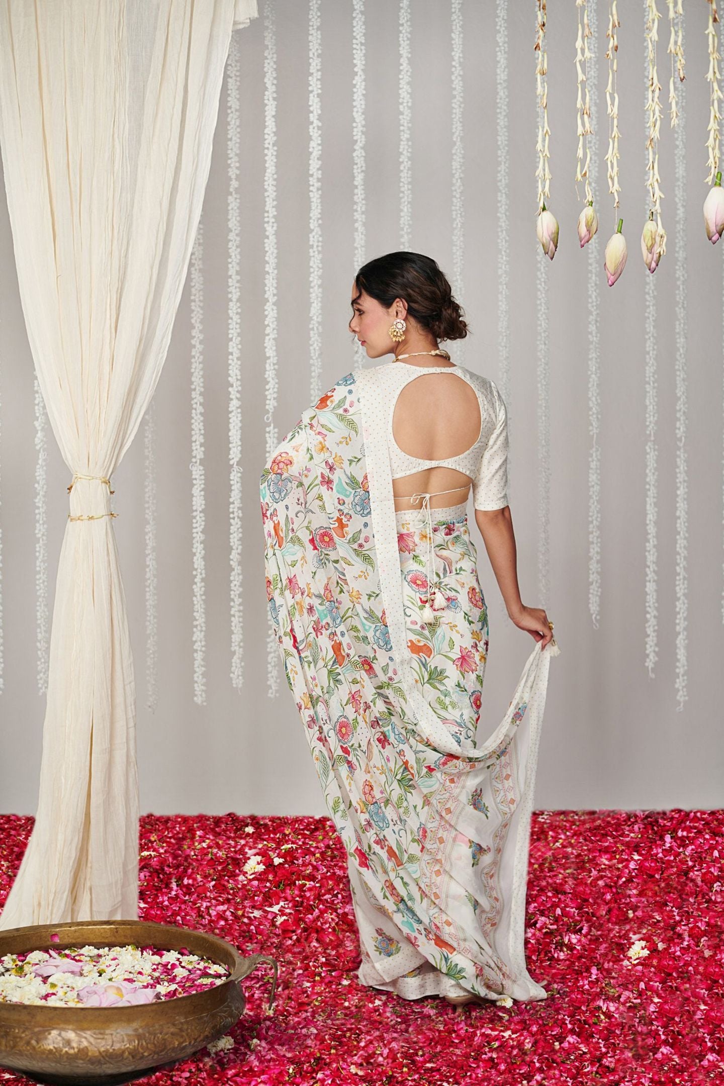 Off White Bright Moss Digital Printed Party Wear Saree