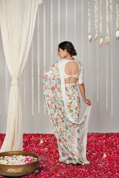 Off White Bright Moss Digital Printed Party Wear Saree