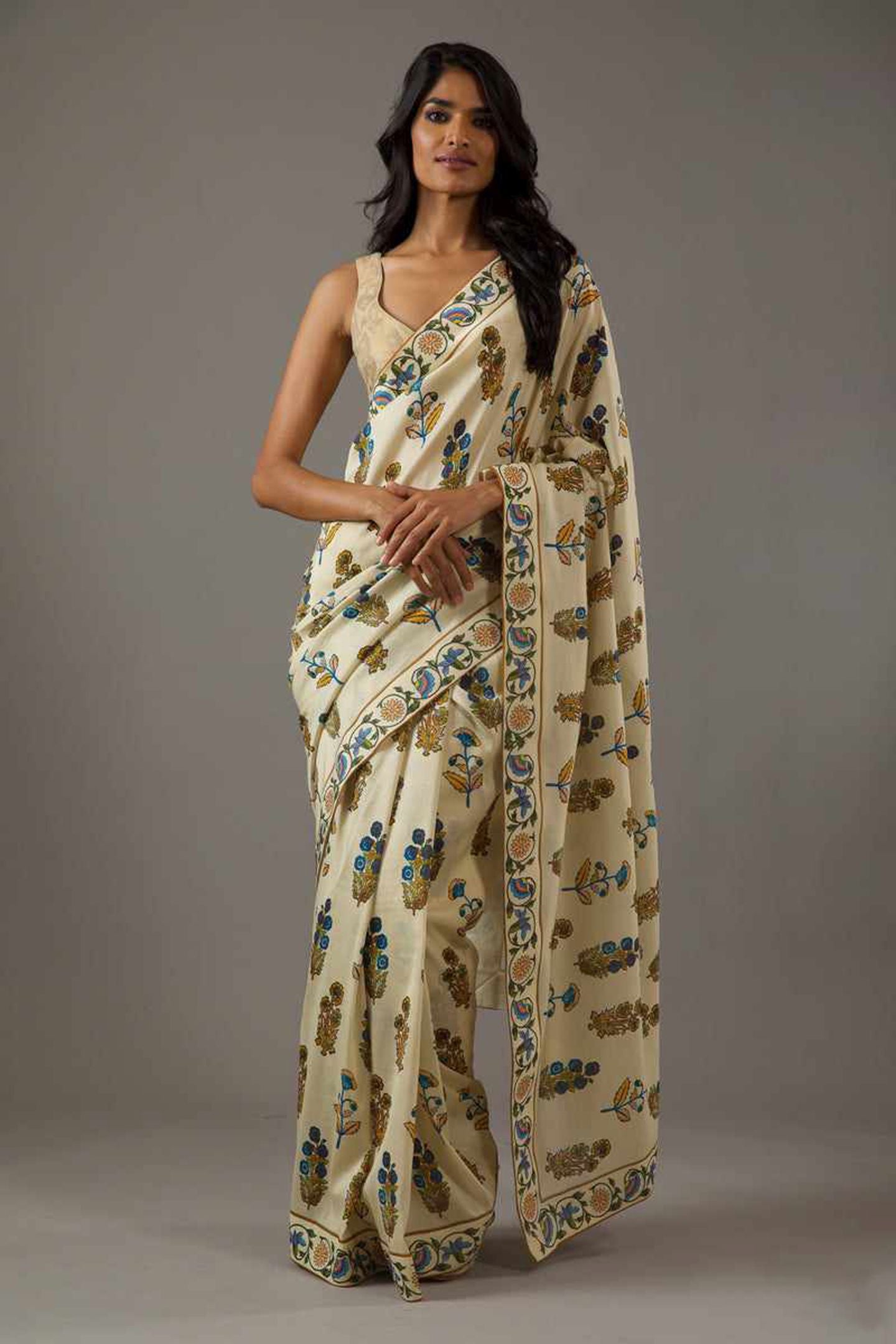 Beige Bright Moss Digital Printed Party Wear Saree
